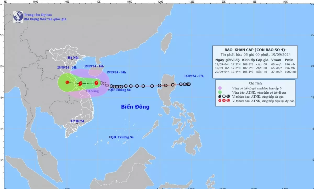 Tin nhanh về cơn bão số 4 ngày 19/9: Sức gió mạnh nhất giật cấp 10 đang vào miền Trung nước ta