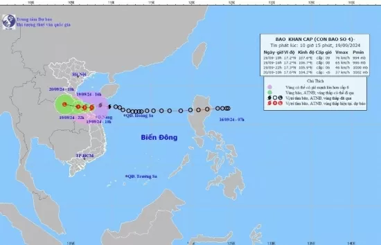 Tin bão khẩn cấp Cơn bão số 4 ngày 19/9: Bão giật cấp 10-11 hướng vào đất liền Quảng Bình, Quảng Trị