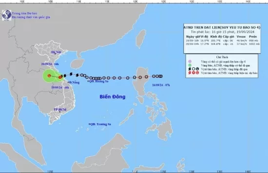 Tin chiều ngày 19/9, áp thấp nhiệt đới từ bão số 4 suy yếu và sẽ tan trên khu vực Trung Lào