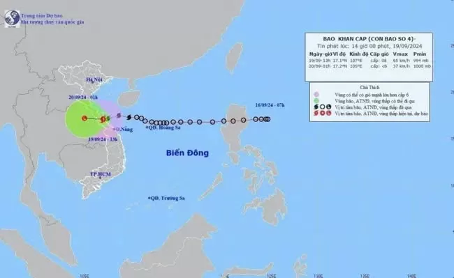 Đường đi của bão số 4 lúc 13 giờ ngày 19/9/2024