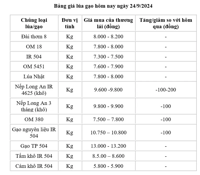 Giá lúa gạo hôm nay 24/9/2024: