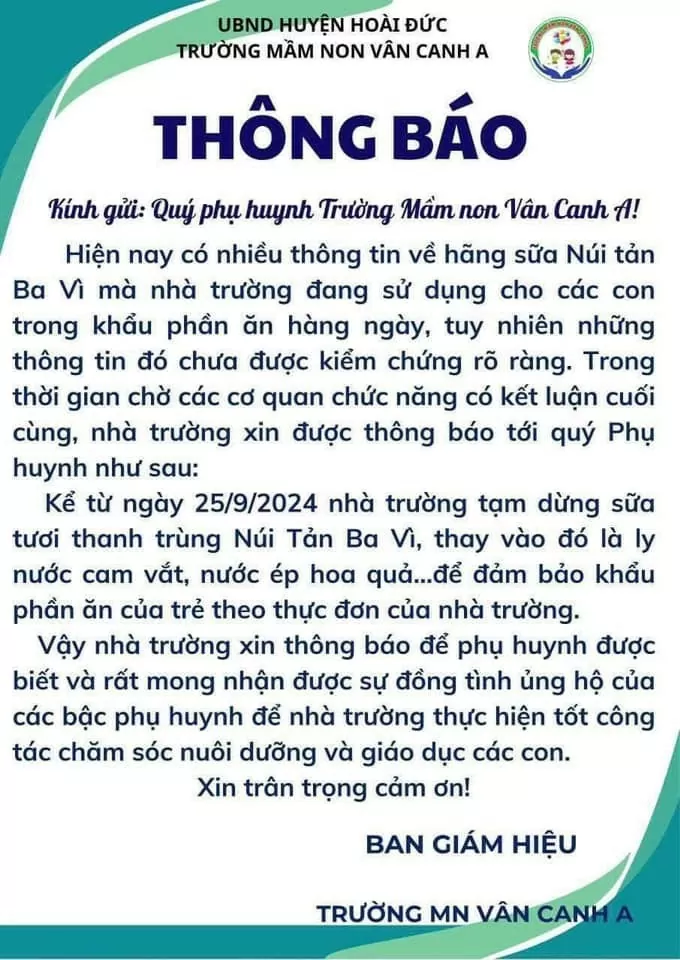 Hà Nội: Nhiều trường tạm dừng sử dụng sữa Núi Tản Ba Vì