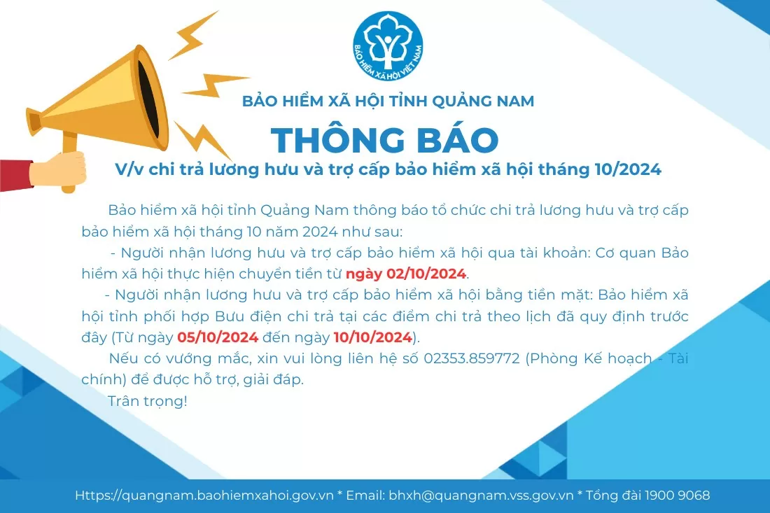 Quảng Nam chi trả lương hưu tháng 10 qua tài khoản vào ngày mai (2/10)