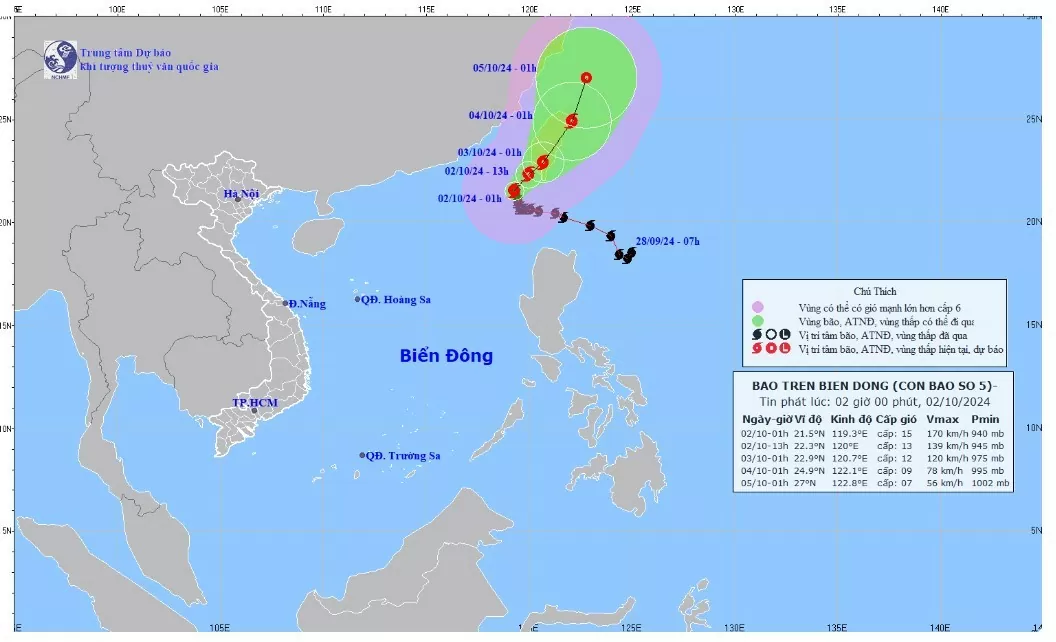 Tin bão mới nhất Bão số 5 trên Biển Đông ngày 2/10: Bão hướng vào Đài Loan (Trung Quốc)