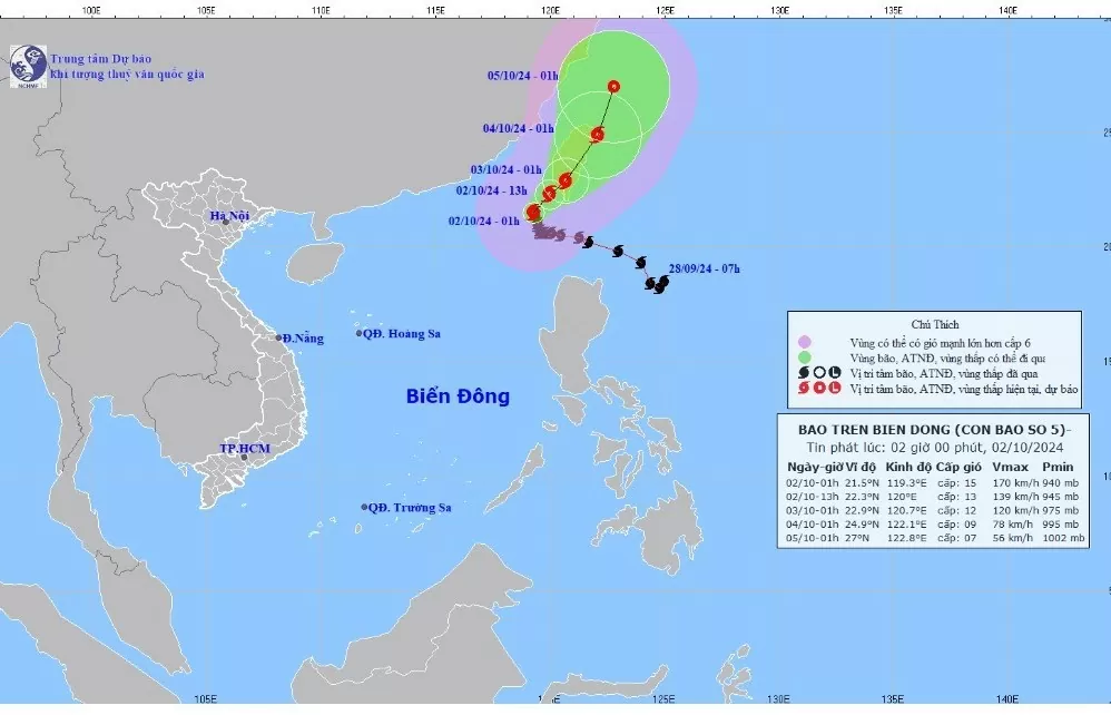 Tin bão mới nhất Bão số 5 trên Biển Đông ngày 2/10: Bão hướng vào Đài Loan (Trung Quốc)