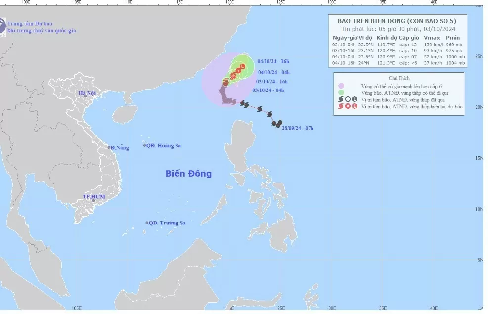 Tin bão trên Biển Đông sáng ngày 3/10, cơn bão số 5 suy yếu dần thành áp thấp nhiệt đới