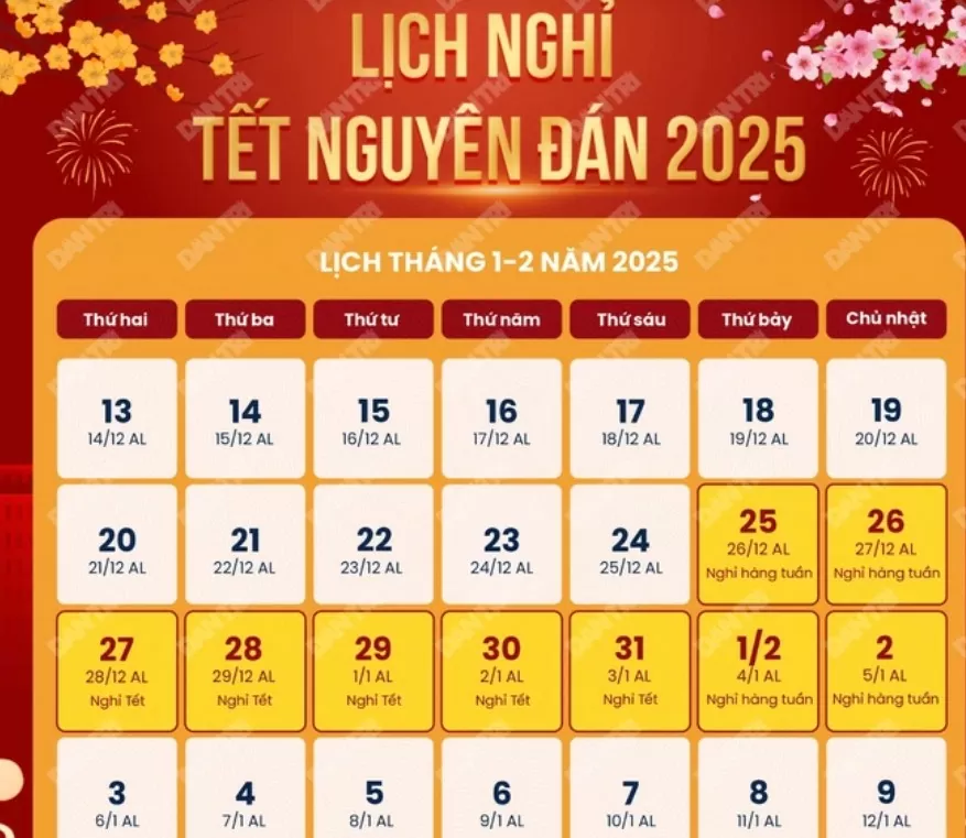 Thông báo chính thức về lịch nghỉ Tết dương lịch và Tết nguyên đán năm 2025 