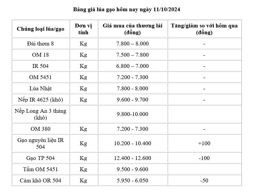 Giá lúa gạo hôm nay 11/10/2024: