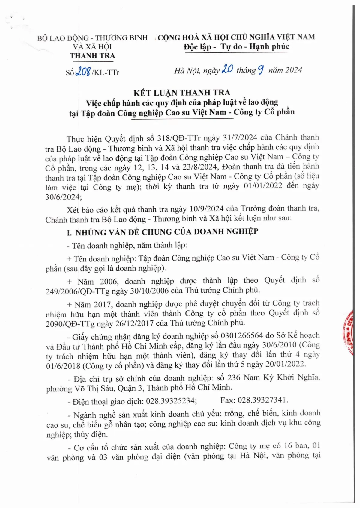 Thanh tra Bộ Lao động - Thương binh và Xã hội kết luận, Tập đoàn cao su Việt Nam chưa thực hiện đầy đủ các quy định 