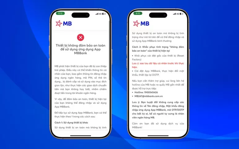 App MBBank chủ động chặn phần mềm độc hại chiếm quyền trên điện thoại