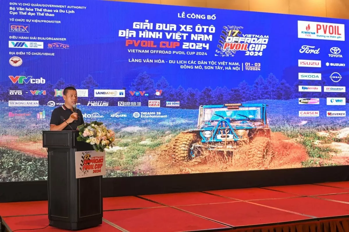 Ông Nguyễn Đại Hoàng, Trưởng Ban Tổ chức Giải đua Xe ô tô Địa hình Việt Nam PVOIL Cup 2024 phát biểu tại họp báo