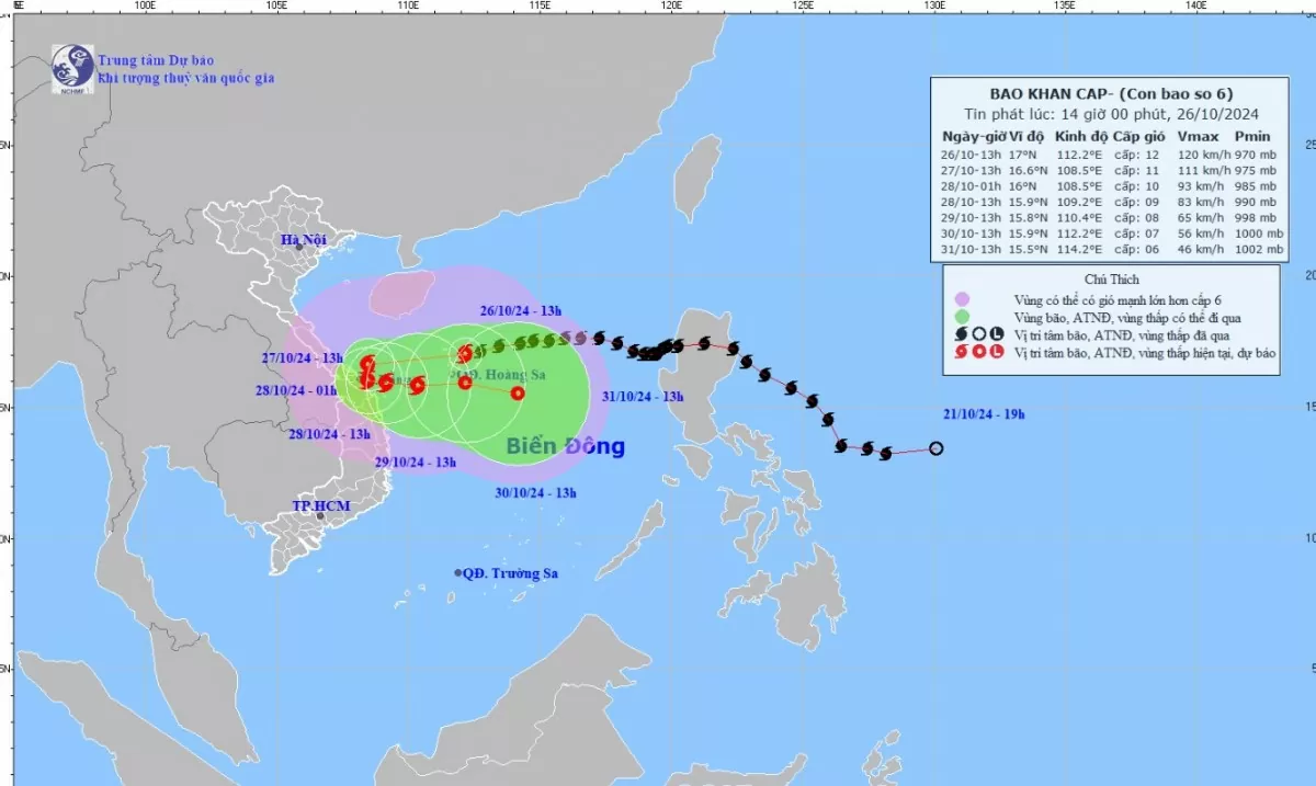 Tin khẩn cấp (cơn bão số 6) mới nhất chiều nay 26/10: Bão số 6 tăng cấp, tiến sát Đà Nẵng