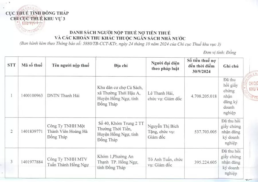 Đồng Tháp: Công khai danh sách 14 đơn vị, người nộp thuế nợ thuế