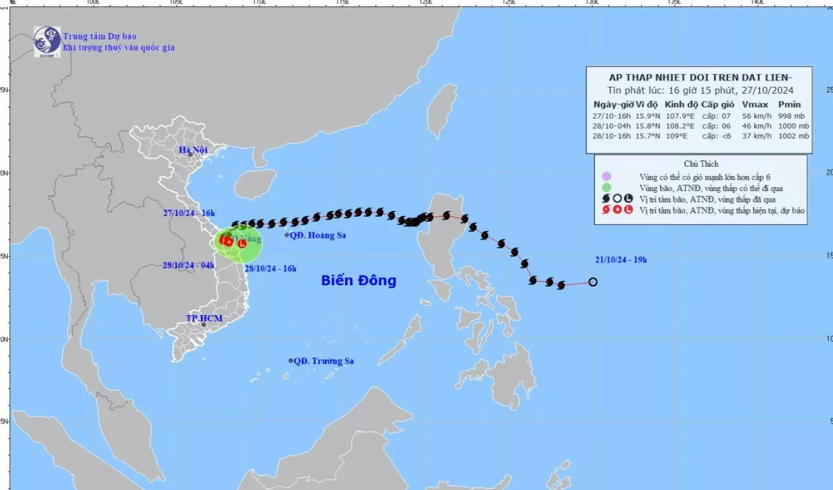 Tin áp thấp nhiệt đới trên đất liền (suy yếu từ bão số 6) mới nhất chiều 27/10/2024