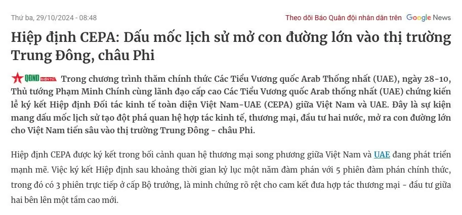 Hiệp định CEPA: Mở ra những 'chân trời mới' cho hợp tác Việt Nam - UAE