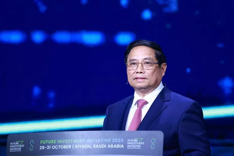 Thủ tướng Phạm Minh Chính phát biểu tại Hội nghị Sáng kiến đầu tư tương lai (Future Investment Initiative - FII) lần thứ 8 tại Thủ đô Riyadh, Saudi Arabia - Ảnh: VGP/Nhật Bắc