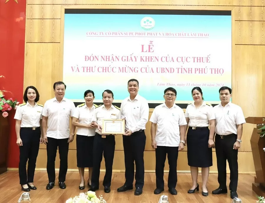 Supe Lâm Thao được Cục Thuế tỉnh Phú Thọ tặng Giấy khen thực hiện tốt chính sách pháp luật về thuế