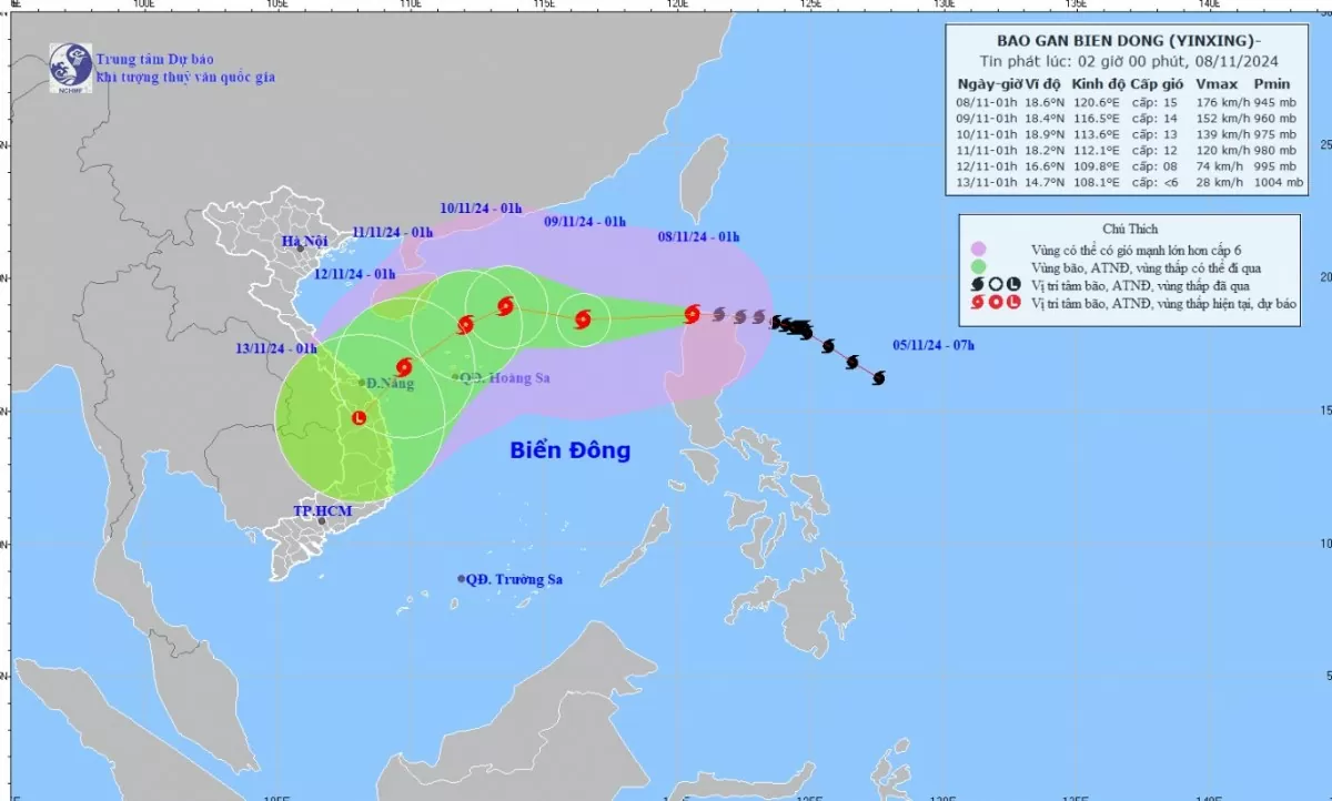 Tin bão gần Biển Đông (Cơn bão Yinxing) mới nhất hôm nay 8/11/2024: Biển Đông dậy sóng giật cấp 17