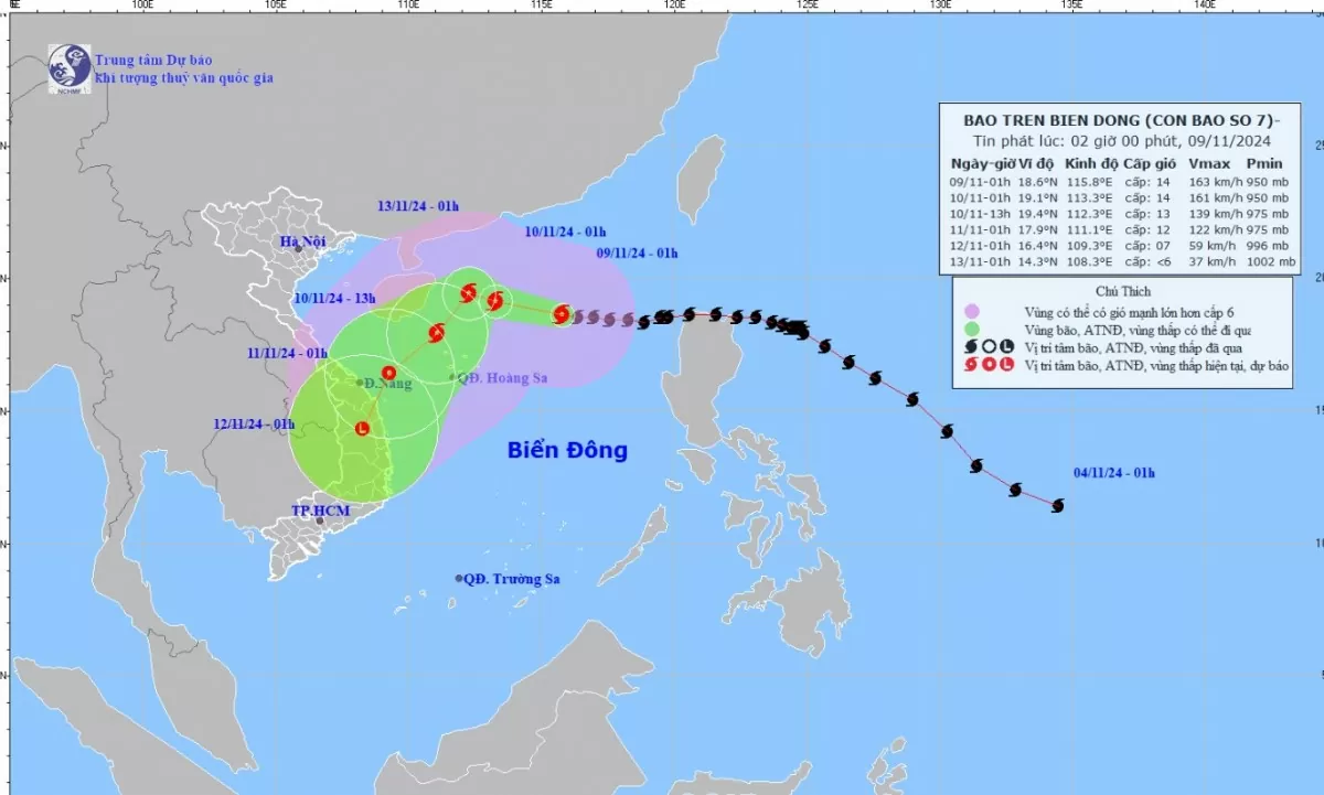 Tin bão trên Biển Đông (Cơn bão số 7) mới nhất hôm nay 9/11: Cường độ bão mạnh nhất vào hôm nay