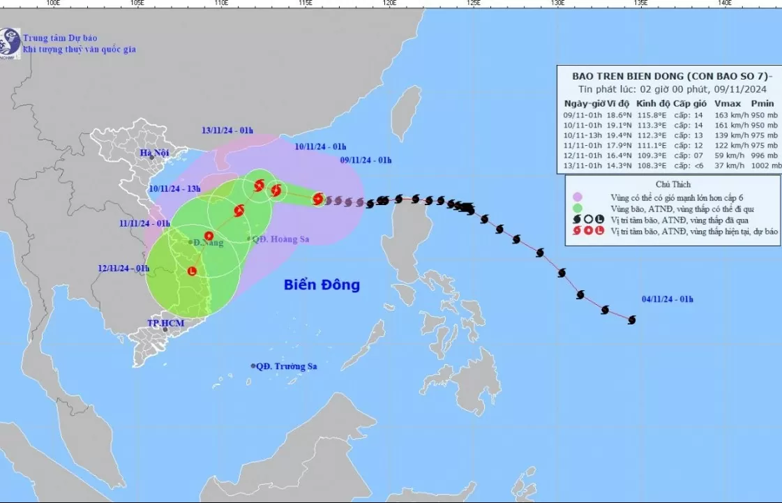 Tin bão trên Biển Đông (Cơn bão số 7) mới nhất hôm nay 9/11: Cường độ bão mạnh nhất vào hôm nay