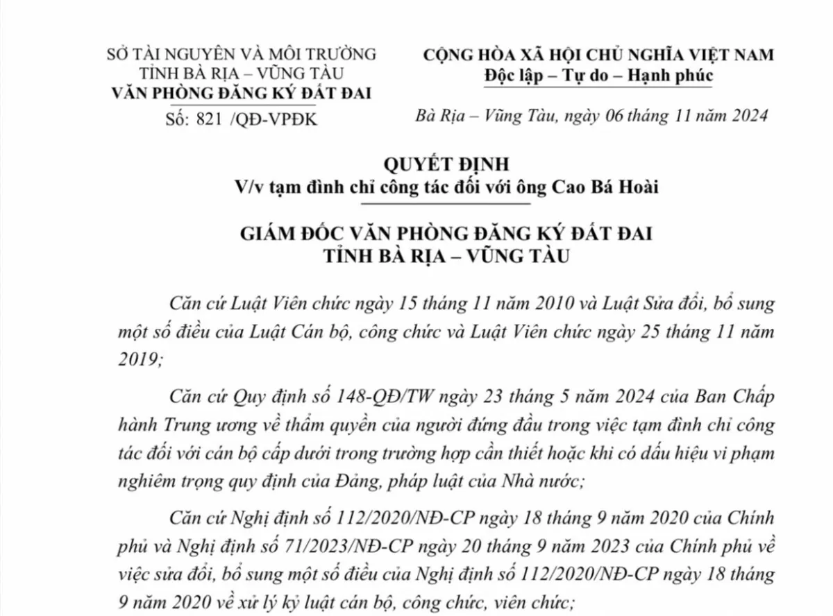 Bà Rịa – Vũng Tàu: Bắt 1 nhân viên chi nhánh Văn phòng đăng ký đất đai thị xã Phú Mỹ