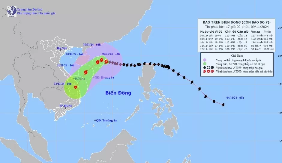 Bão số 7 tăng cấp, giật trên cấp 17 hướng vào miền Trung nước ta