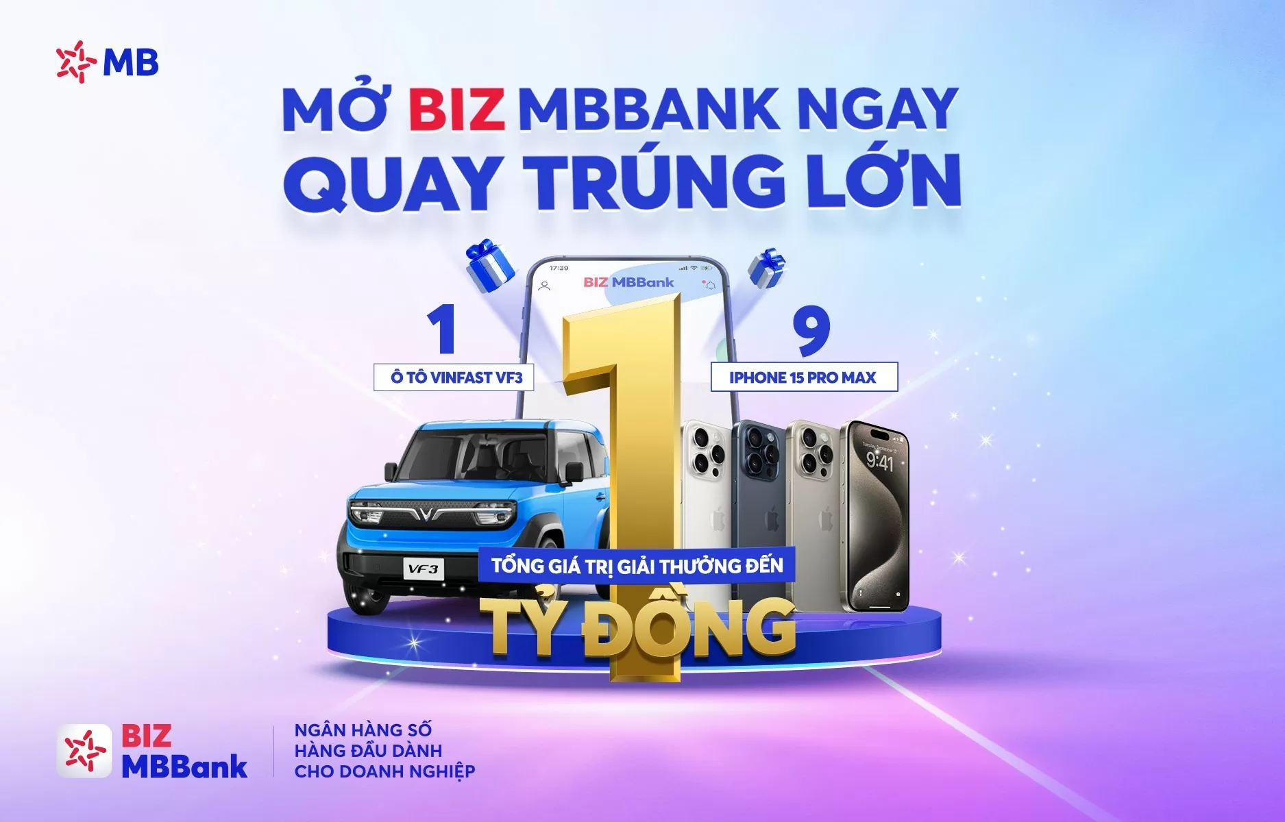 Cơ hội vàng cho doanh nghiệp SME: Mở tài khoản BIZ MBBank, rinh xe hơi Vinfast VF3 và iPhone 15 Pro Max