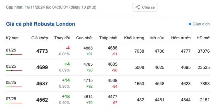 Giá cà phê hôm nay 16/11/2024: Giá cà phê trong nước tiếp tục duy trì ở mức cao