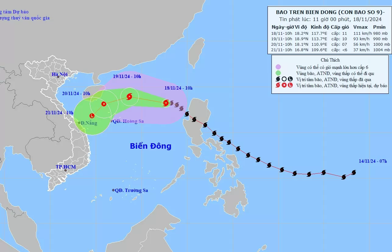 Bão số 9 giật cấp 14, tiến vào vùng biển miền Trung