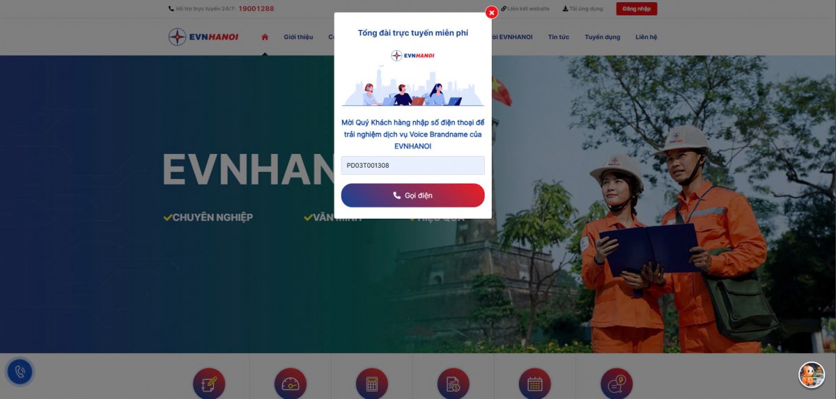 Giao diện tương tác qua kênh thoại miễn phí trên Website: evnhanoi.vn