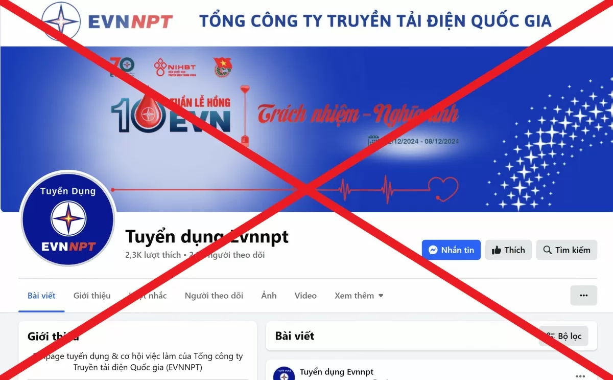 Fanpage giả mạo thương hiệu EVNNPT để đăng thông tin tuyển dụng