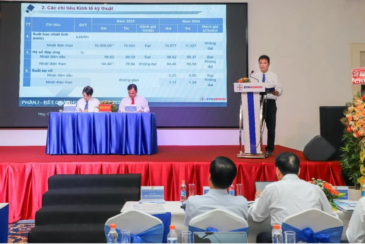 Ông Ngô Việt Hưng – Phó Tổng Giám đốc EVNGENCO2 báo cáo kết quả thực hiện nhiệm vụ sản xuất kinh doanh (SXKD) năm 2023 và ước cả năm 2024 (Ảnh: Minh Lương)
