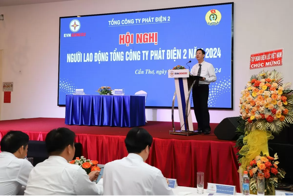 Ông Nguyễn Đình Hải – Thành viên HĐQT EVNGENCO2 phát biểu tại Hội nghị (Ảnh: Minh Lương)