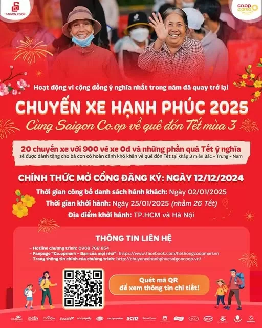 Saigon Co.op tặng 900 vé xe 0 đồng cho người lao động về quê đón Tết Nguyên đán 2025