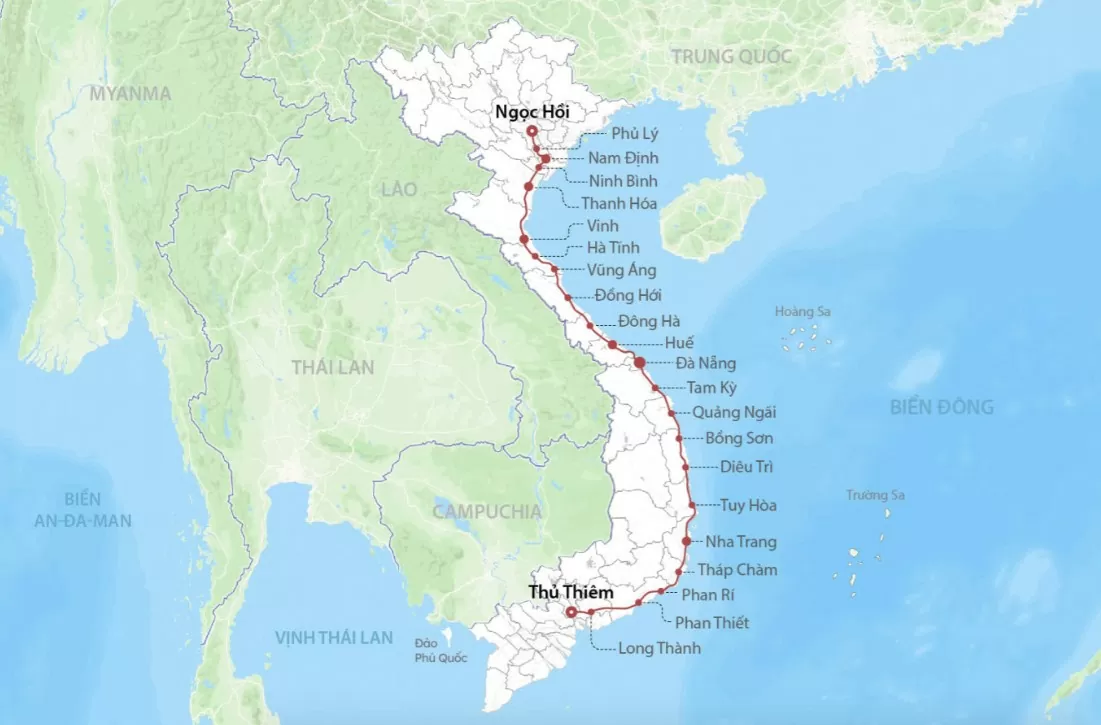 Dự kiến hướng tuyến và 23 ga hành khách của đường sắt tốc độ cao Bắc Nam. Đồ họa: Đăng Hiếu