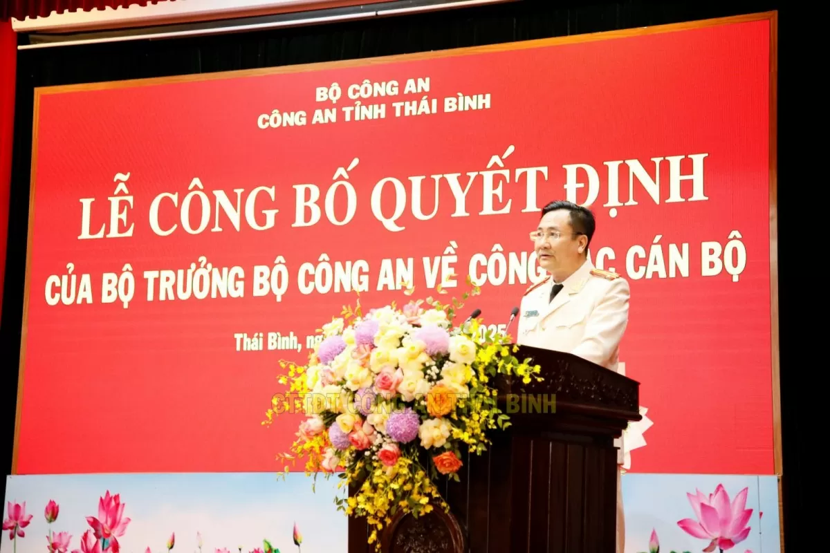 Thượng tá Phạm Thanh Tiến - Phó Giám đốc Công an tỉnh Thái Bình phát biểu nhận nhiệm vụ.