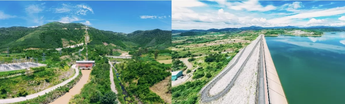 Nhà máy Thủy điện An Khê (trái) và đập dâng hồ thủy điện Ka Nak (phải) uy nghi, hùng vĩ giữa núi rừng (Ảnh: Thu Hoài)