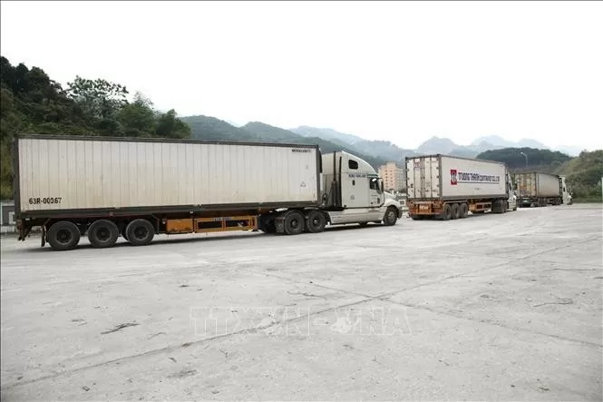 Các xe vận tải tham gia xuất nhập khẩu hàng hóa tại Cửa khẩu Quốc tế Thanh Thủy (Hà Giang). Ảnh: Minh Tâm/TTXVN
