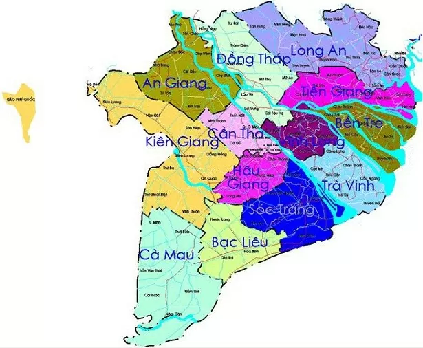 Bản đồ hành chính vùng Đồng bằng sông Cửu Long. Ảnh minh họa