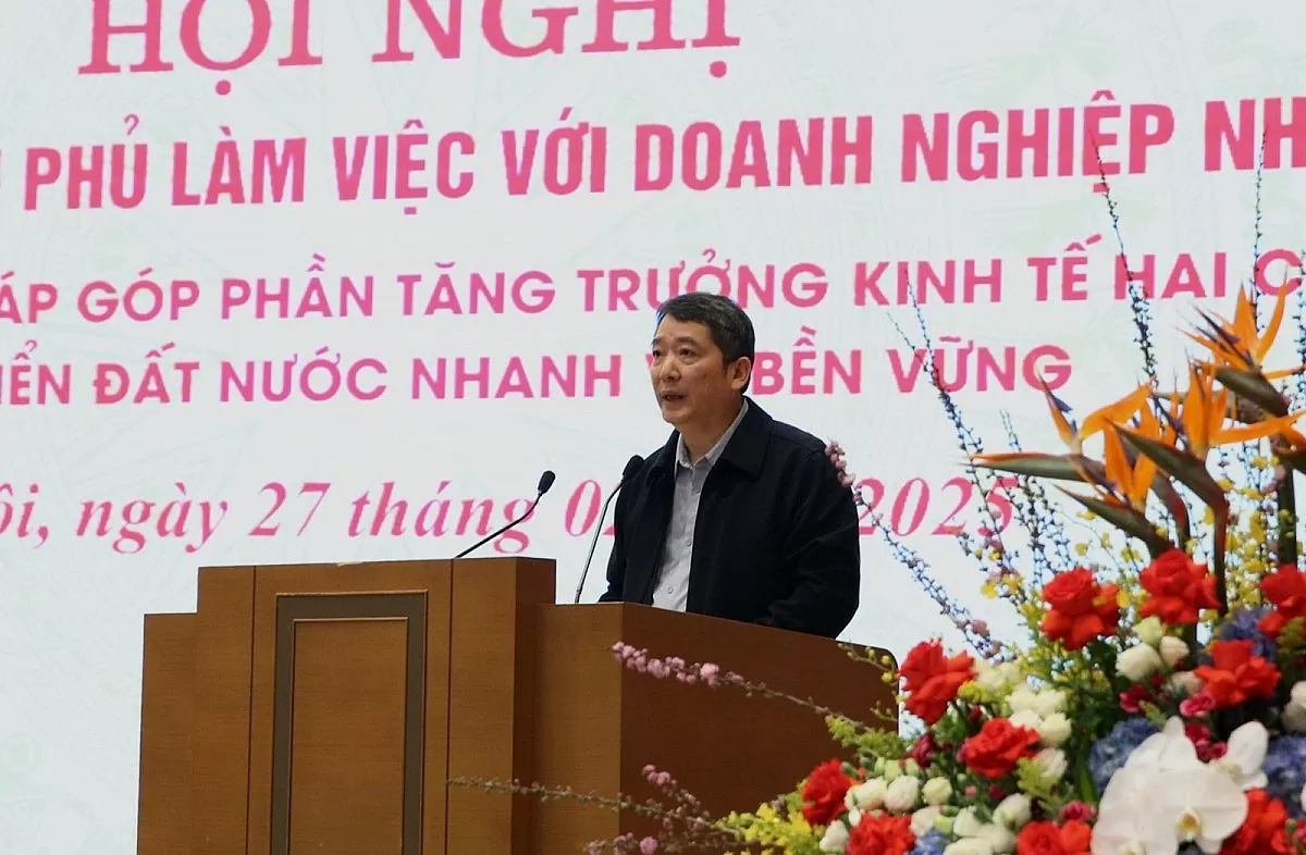 Thứ trưởng Bộ Tài chính Cao Anh Tuấn trình bày báo cáo đề dẫn tại Hội nghị. Ảnh: VGP/Đình Hải
