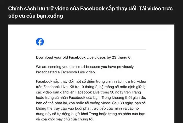 Facebook sẽ xóa toàn bộ video livestream tại Việt Nam sau 30 ngày.