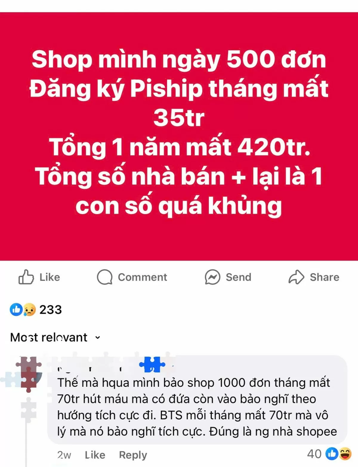 Ý kiến của người bán hàng về mức phí Piship của Shopee trên 1 nhóm bán hàng Shopee.