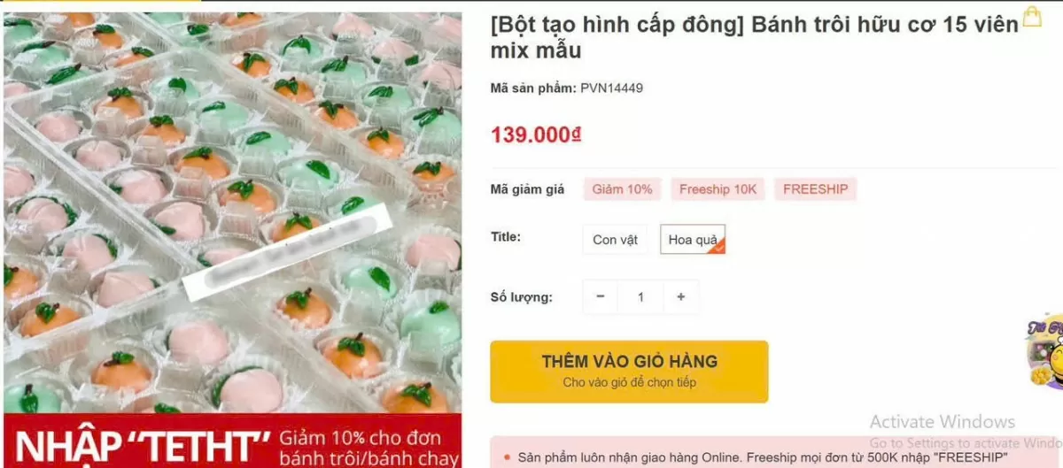 Một set bánh trôi hữu cơ có giá 139.000 đồng. Ảnh: Chụp màn hình. 