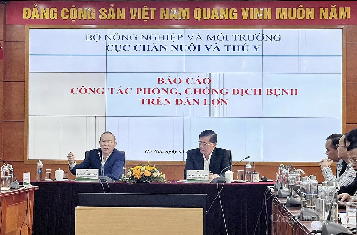 Hội nghị Phòng chống dịch bệnh và phát triển chăn nuôi lợn trong tình hình mới do Bộ Nông nghiệp và Môi trường tổ chức sáng 3/4, tại Hà Nội.