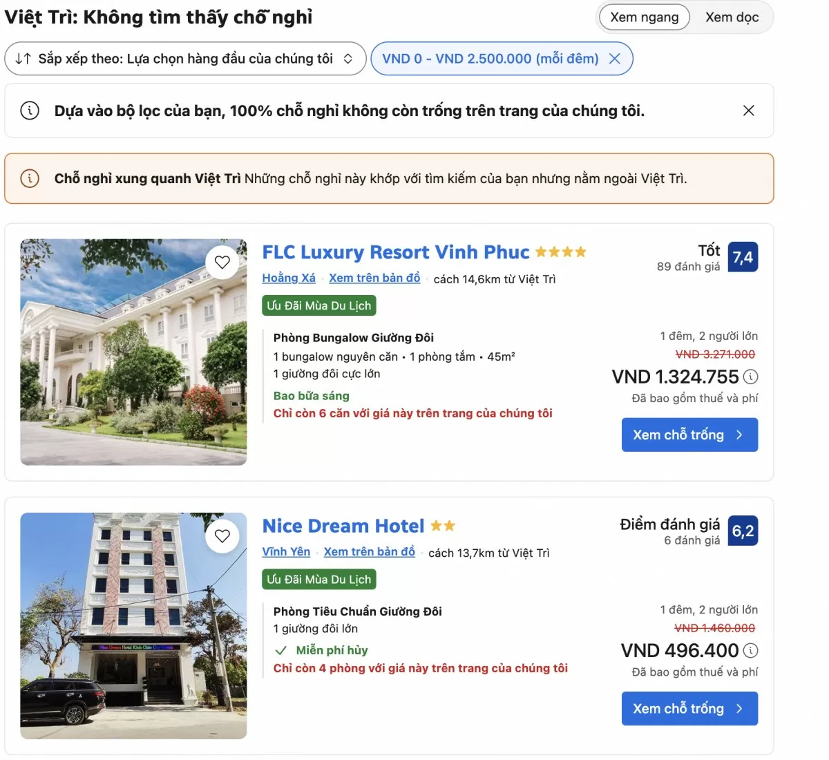 Phòng nghỉ khu vực Việt Trì đã báo hết, chỉ còn những cơ sở lưu trú cách khu vực này khoảng 15km. Ảnh chụp màn hình