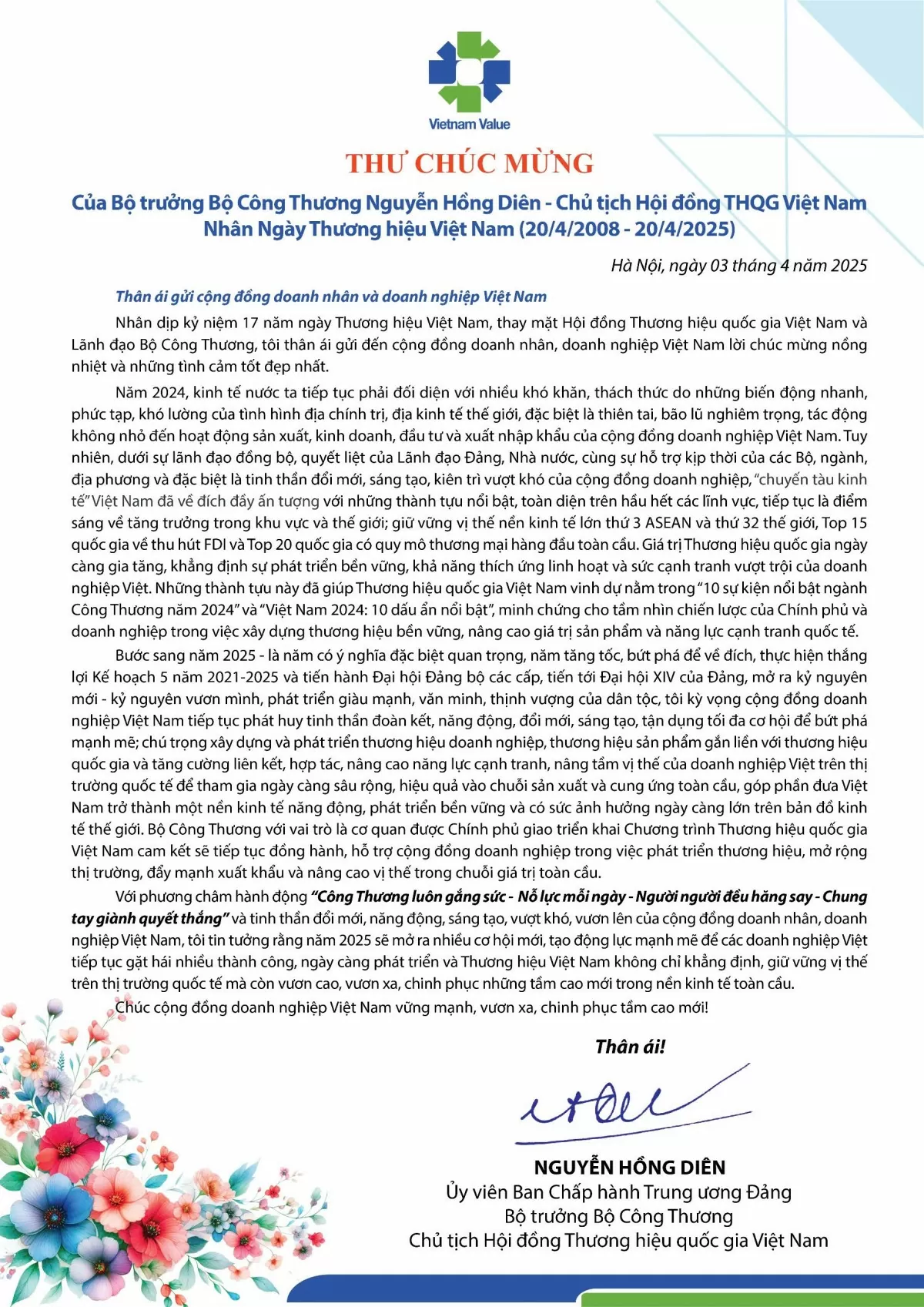 Thư chúc mừng của Bộ trưởng Bộ Công Thương nhân Ngày Thương hiệu Việt Nam (20/4/2008 - 20/4/2025)