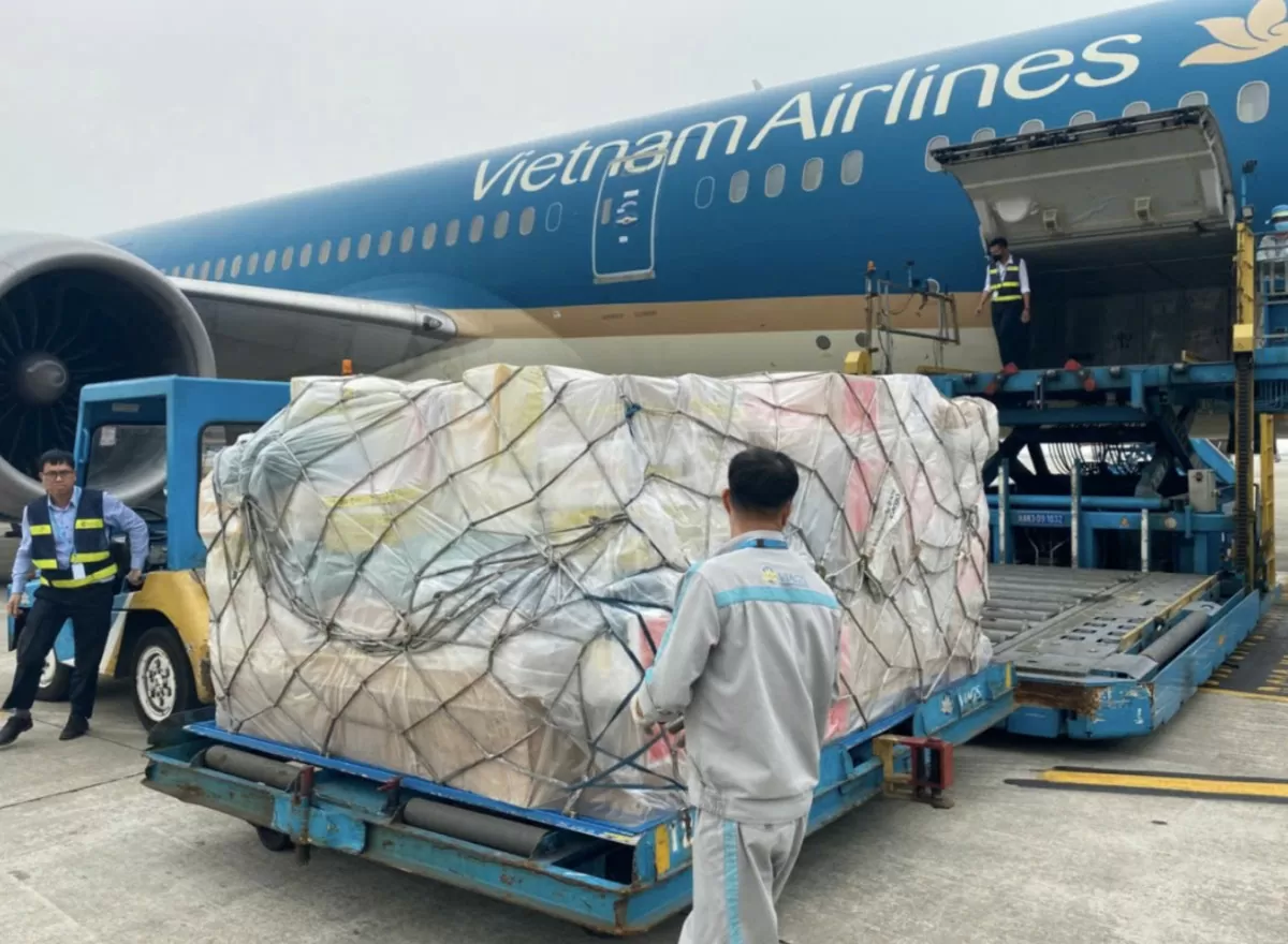 Hàng cứu trợ gồm các mặt hàng thiết yếu như lương khô, lều cá nhân và nhiều vật dụng cứu trợ khác. Ảnh: Vietnam Airlines