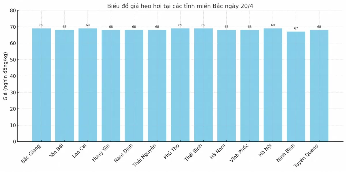 Biểu đồ giá heo hơi tại các tỉnh miền Bắc ngày 20/4.