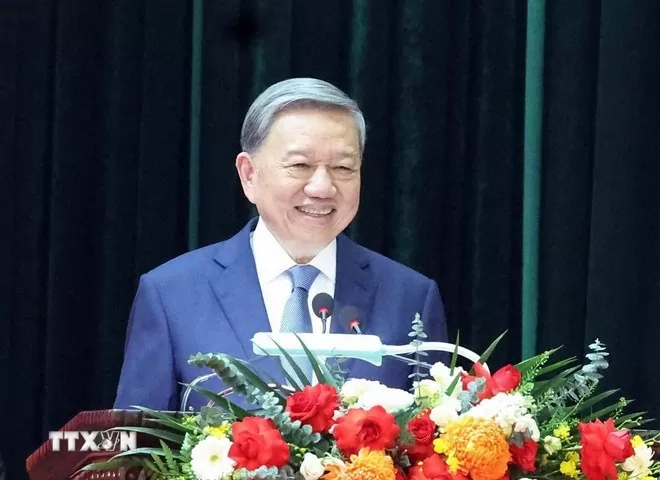 Tổng Bí thư Tô Lâm phát biểu tại buổi làm việc với Bộ Tư lệnh Binh chủng Tăng thiết giáp. Ảnh: TTXVN