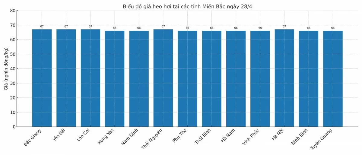 Biểu đồ giá heo hơi tại các tỉnh miền Bắc ngày 28/4.